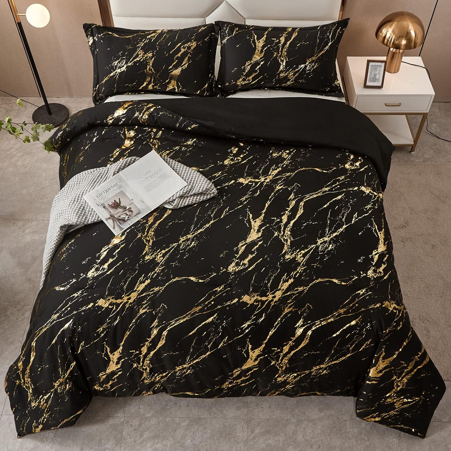 Black Gold Metallic Marble Comforter Set, Foil Print Glitter 3-Piece Bedding