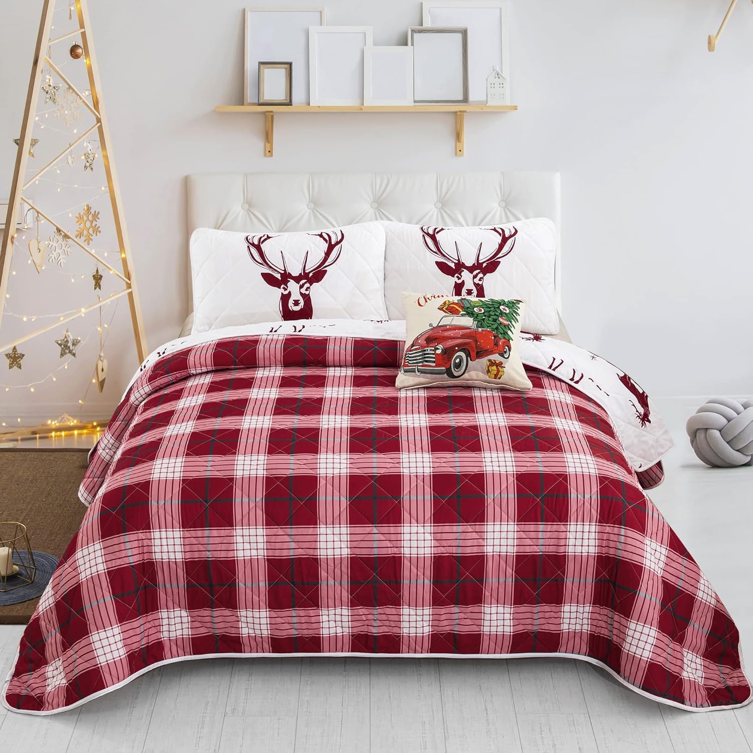 Joyful Red & white Reindeer pattern reversible Christmas Bedspread Set