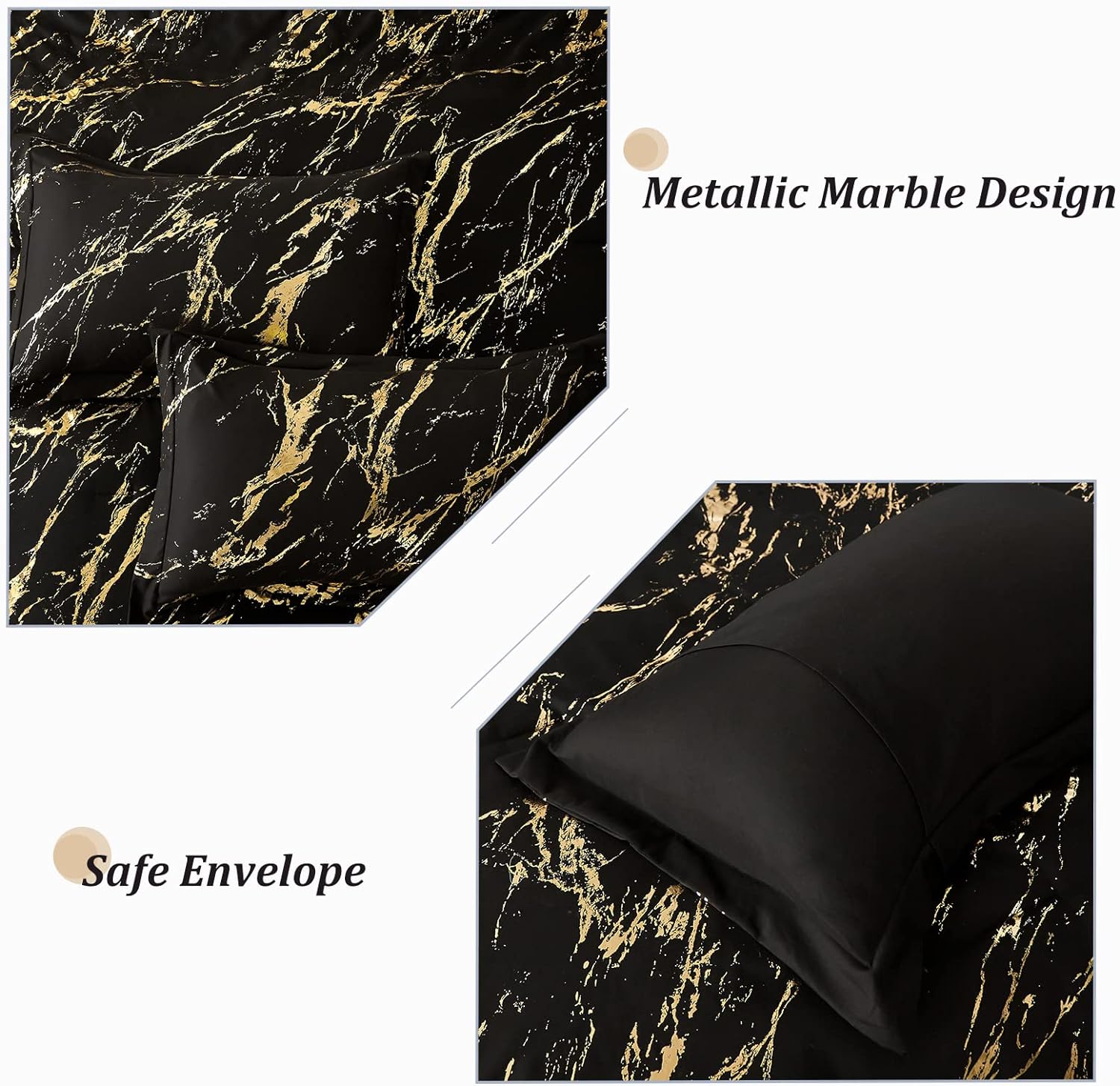 Black Gold Metallic Marble Comforter Set, Foil Print Glitter 3-Piece Bedding