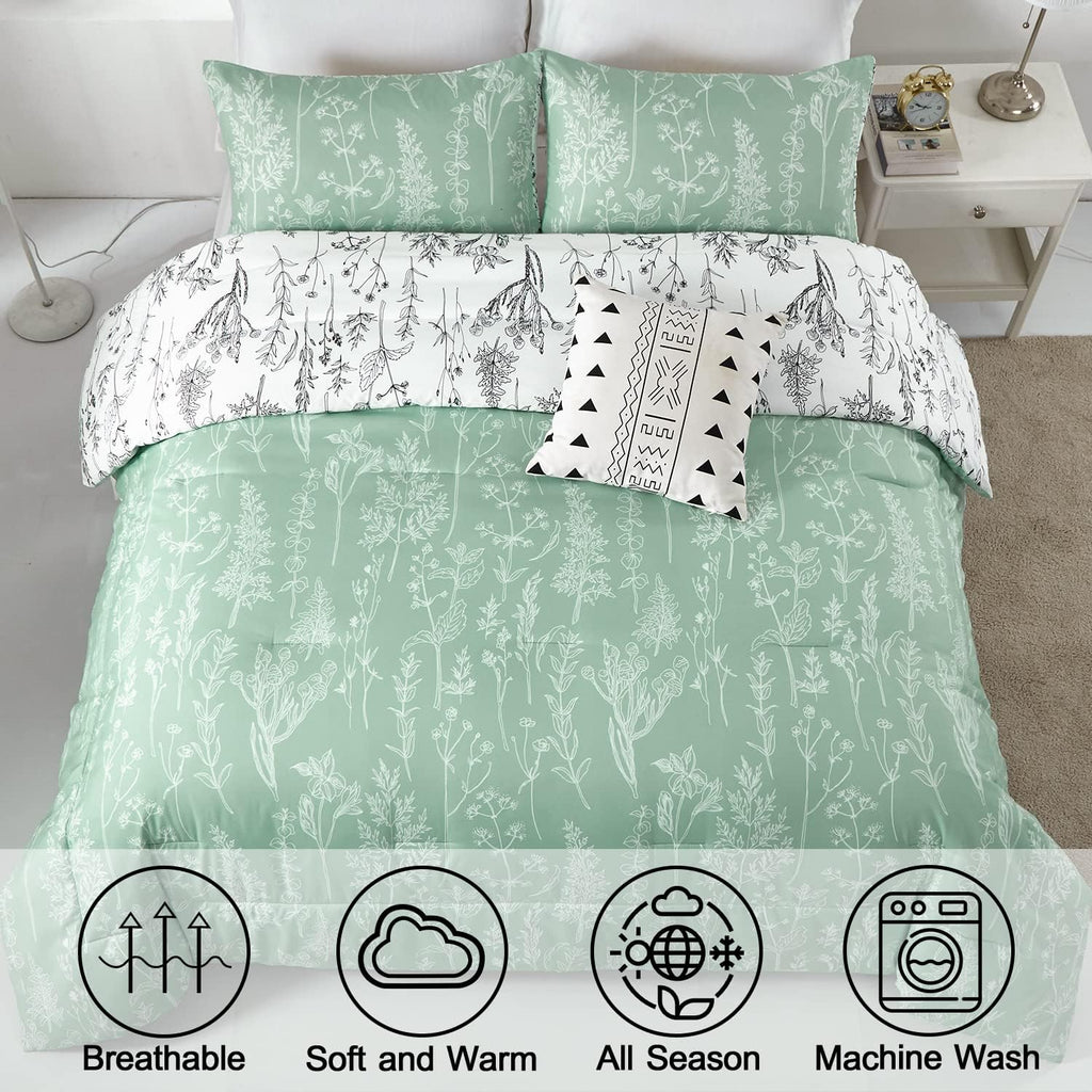 Floral Comforter Set, Green White Floral Pattern Reversible Bedding