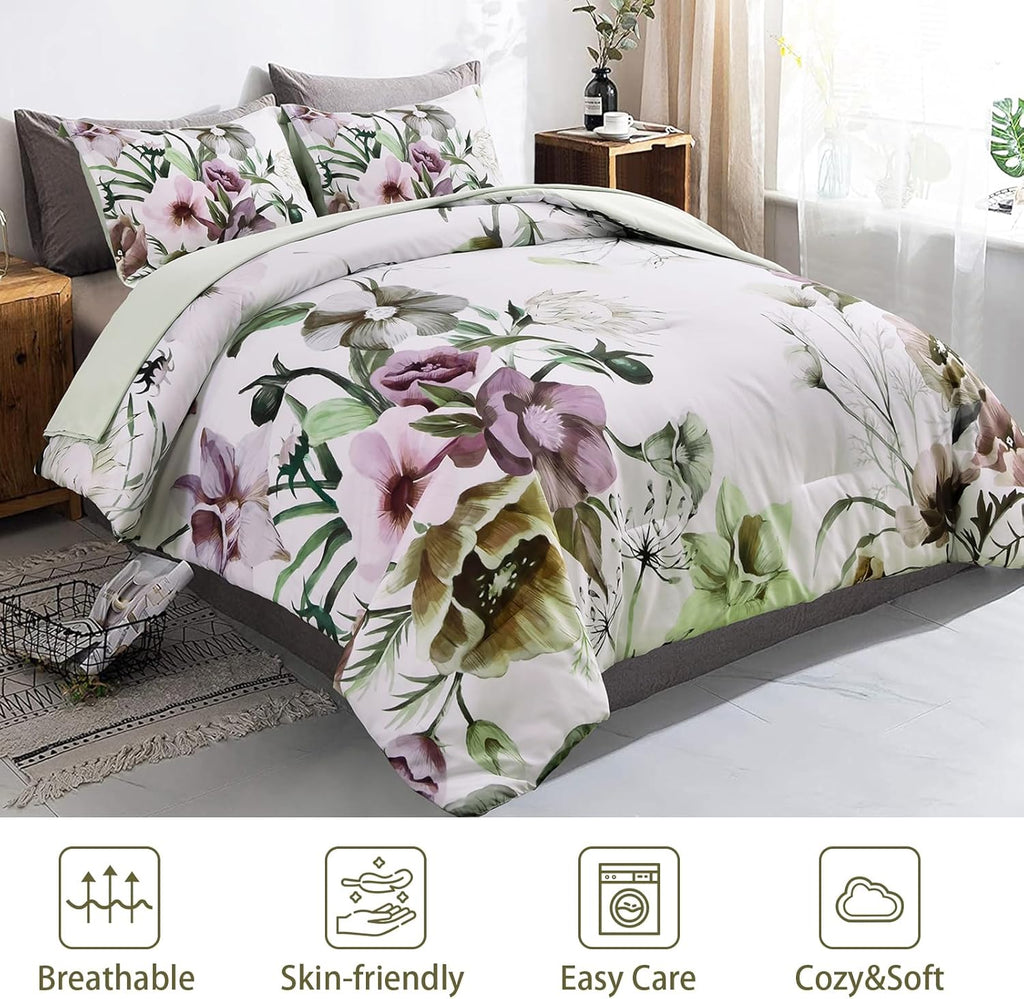 Floral Comforter Set, Green Floral 3-Piece Bedding, Soft Microfiber for All Seasons