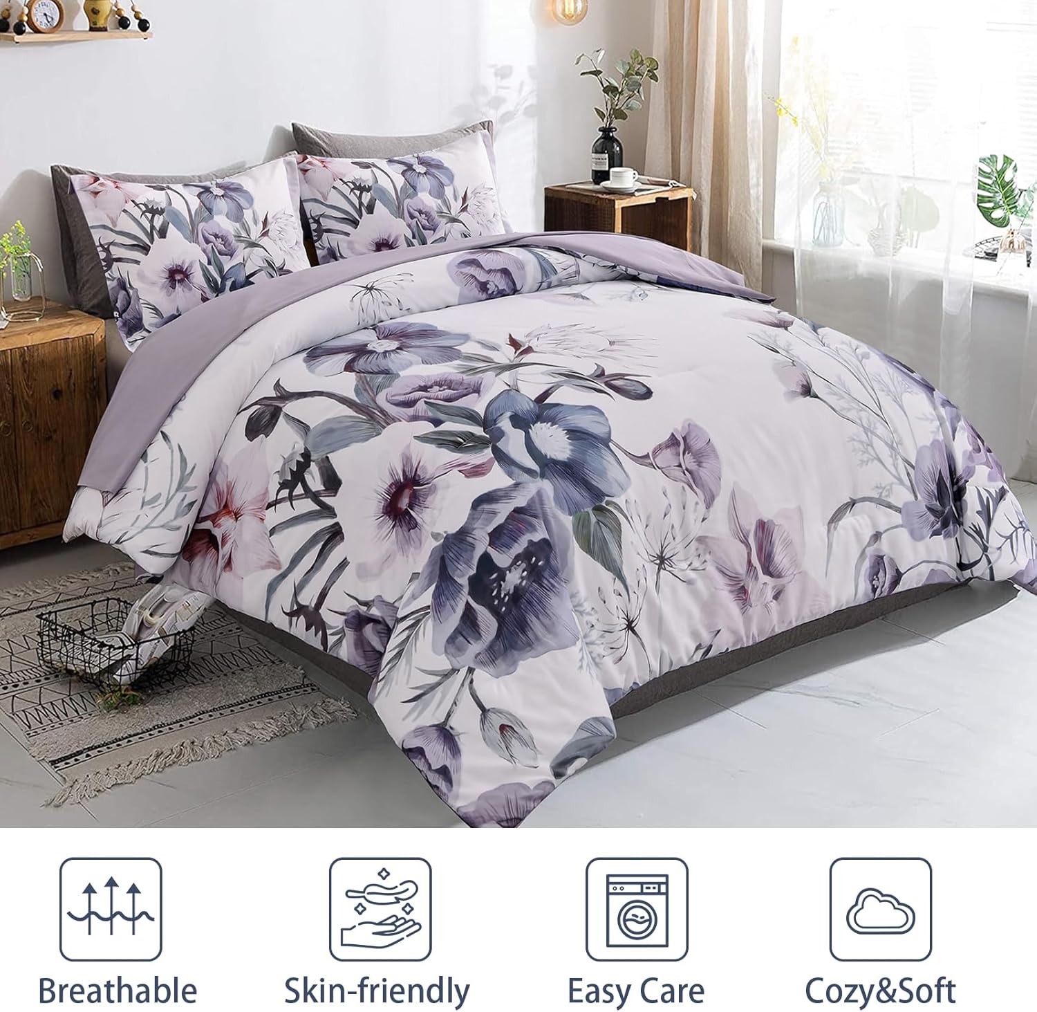 Floral Comforter Set, Purple Floral 3-Piece Bedding, Soft Microfiber for All Seasons