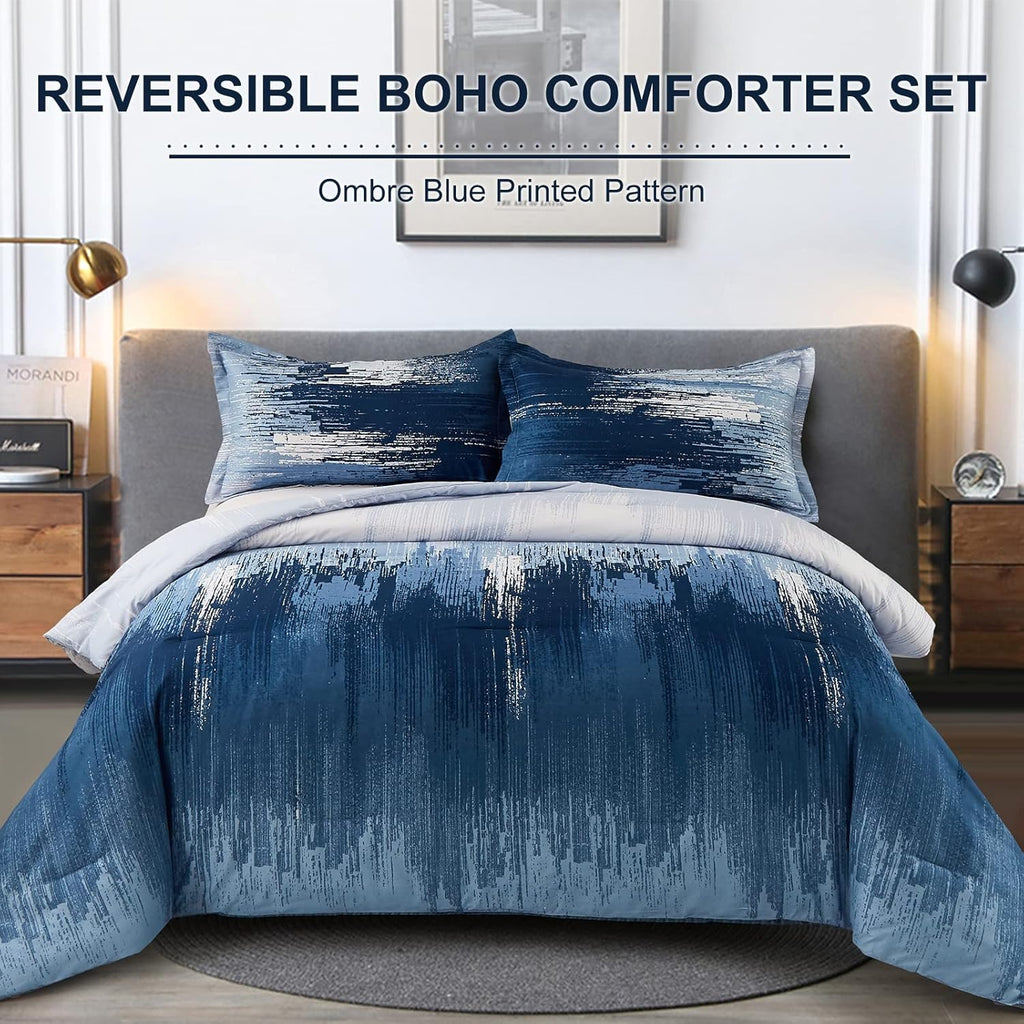 Ombre Blue Comforter Set, Gradient Blue Grey 3-Piece Boho Bedding