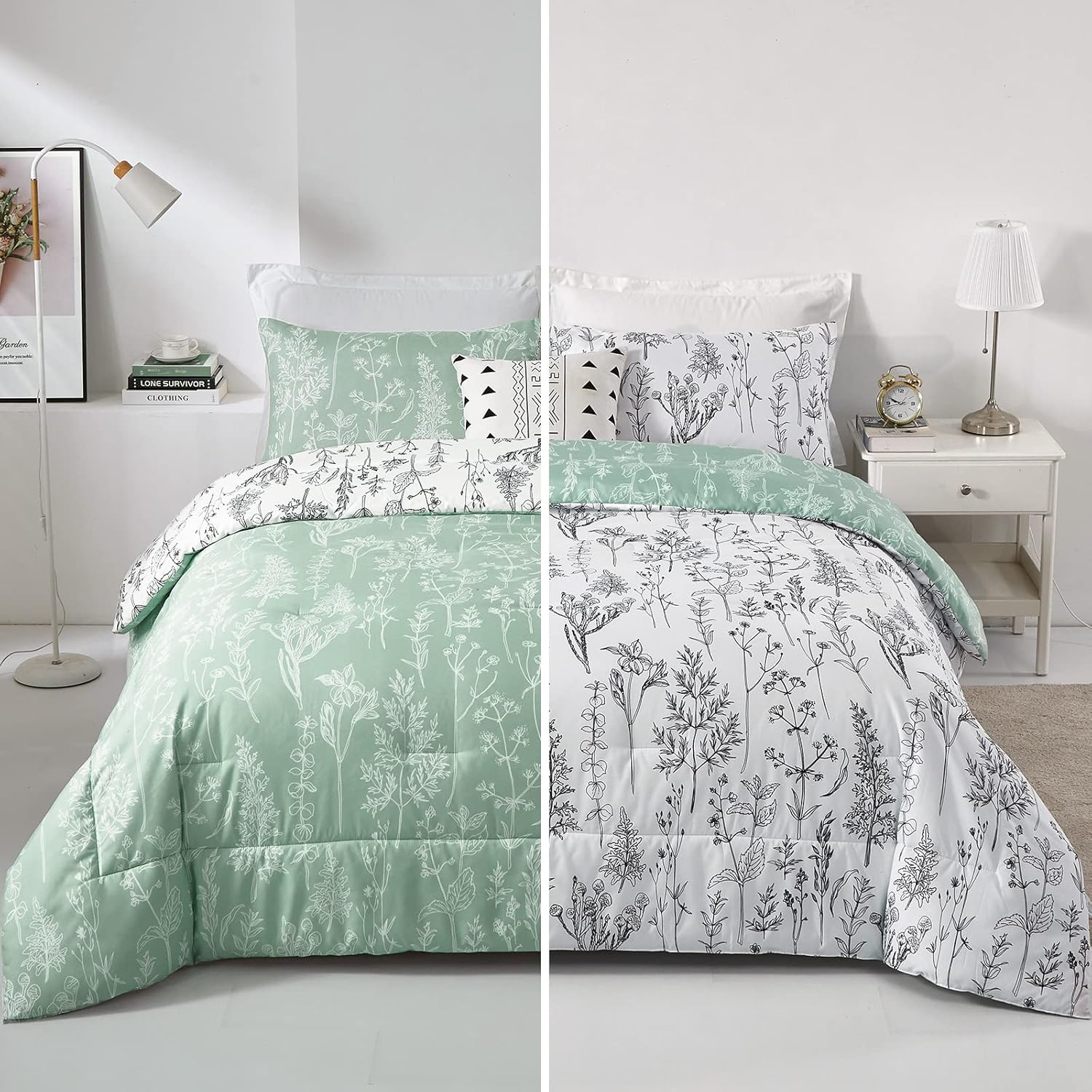 Floral Comforter Set, Green White Floral Pattern Reversible Bedding