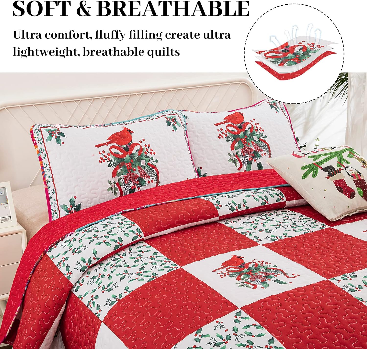 Elegant Red, greem & White Christmas Bedspread Set