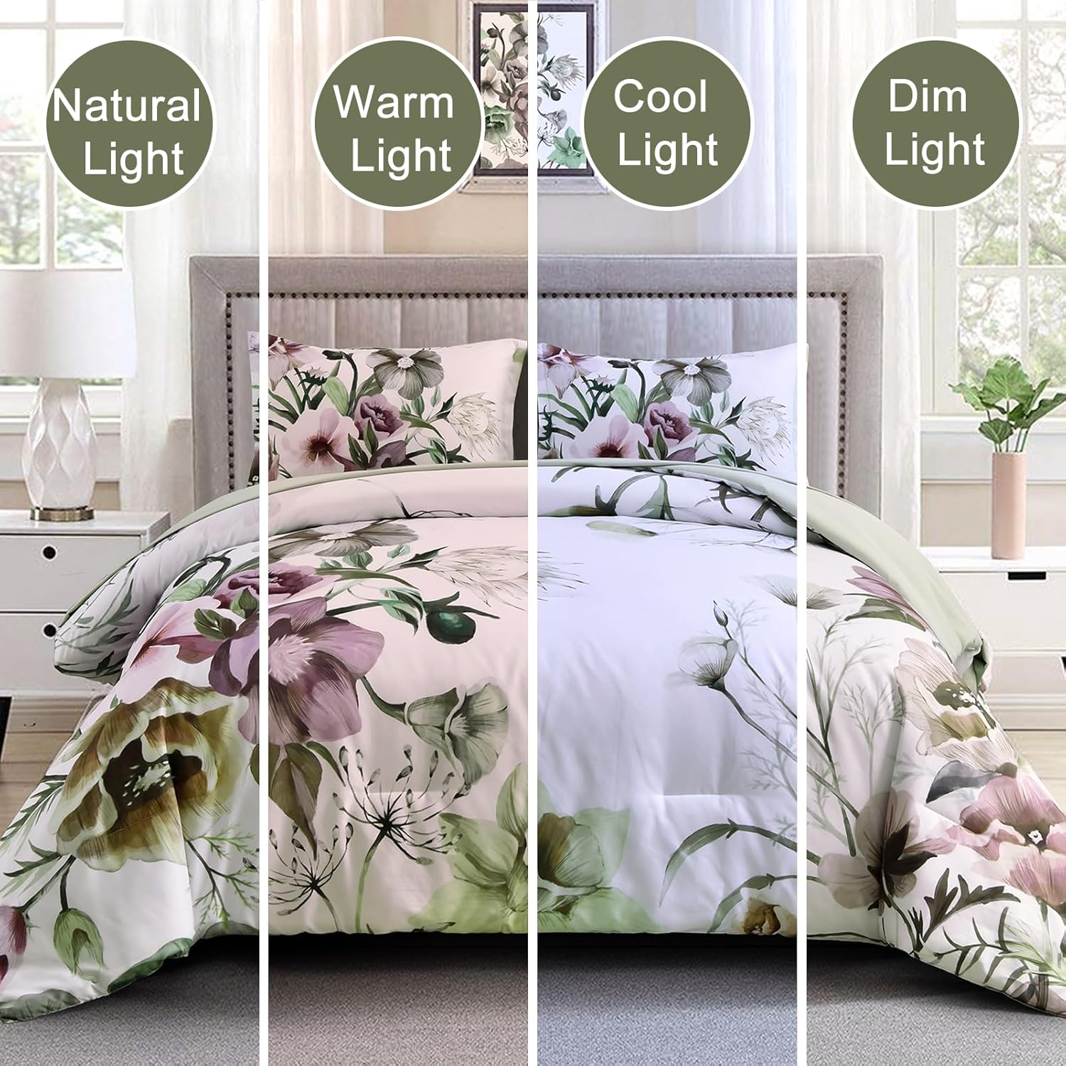 Floral Comforter Set, Green Floral 3-Piece Bedding, Soft Microfiber for All Seasons