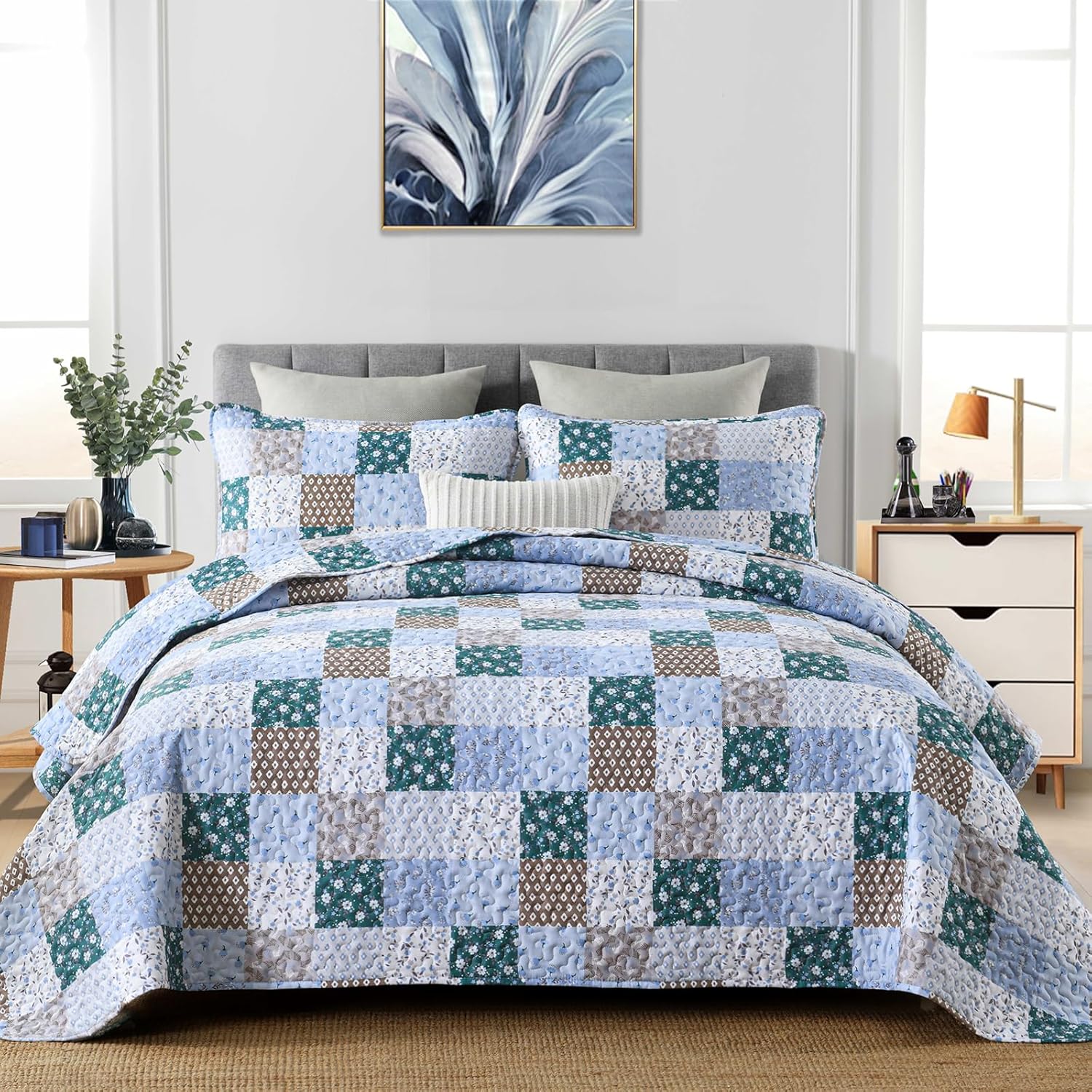 Frosted Blue Hydrangea Elegant 3 Pc Bedspread & Pillow Cover Set