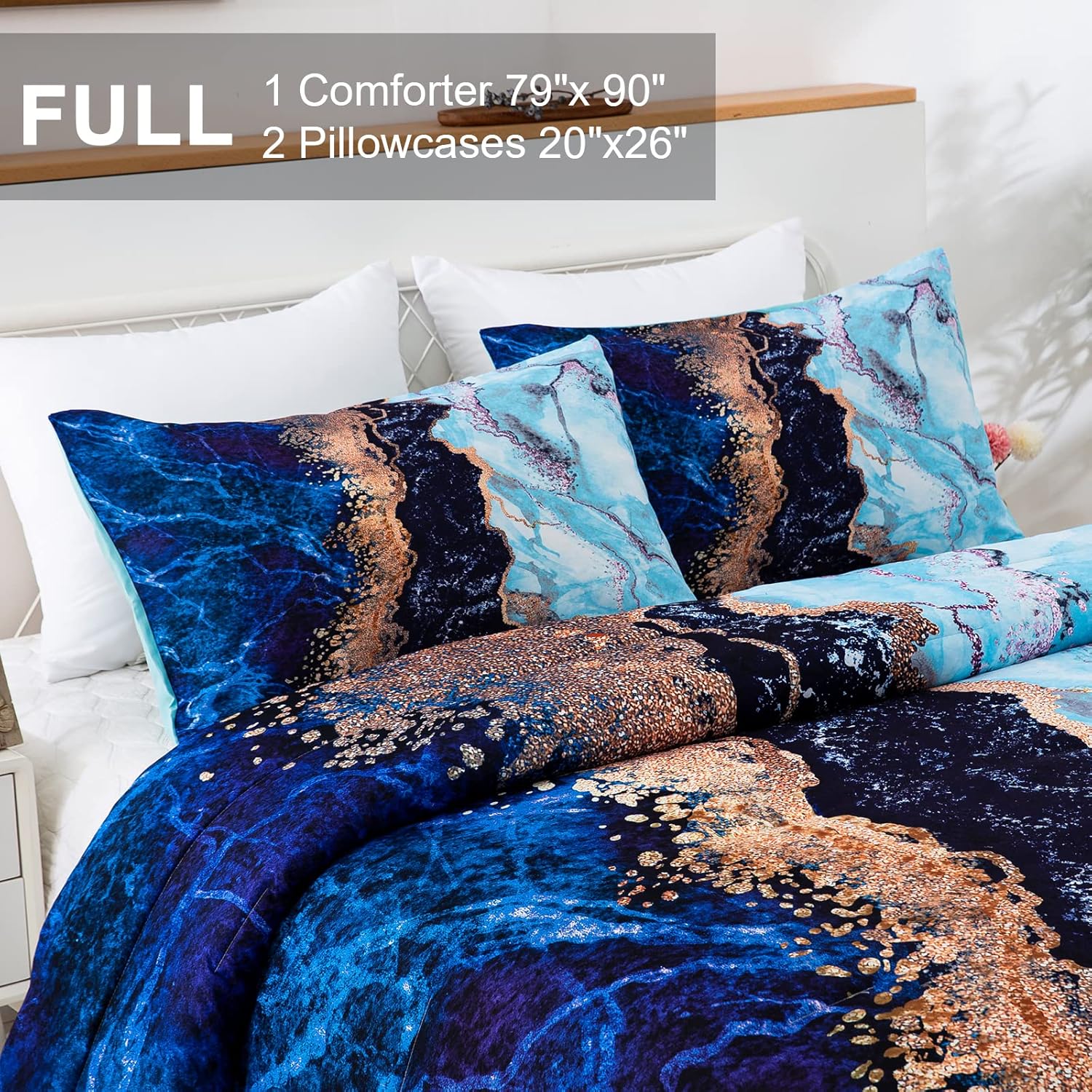 Blue Marble Comforter Set, Retro Watercolor 3-Piece Bedding Collection