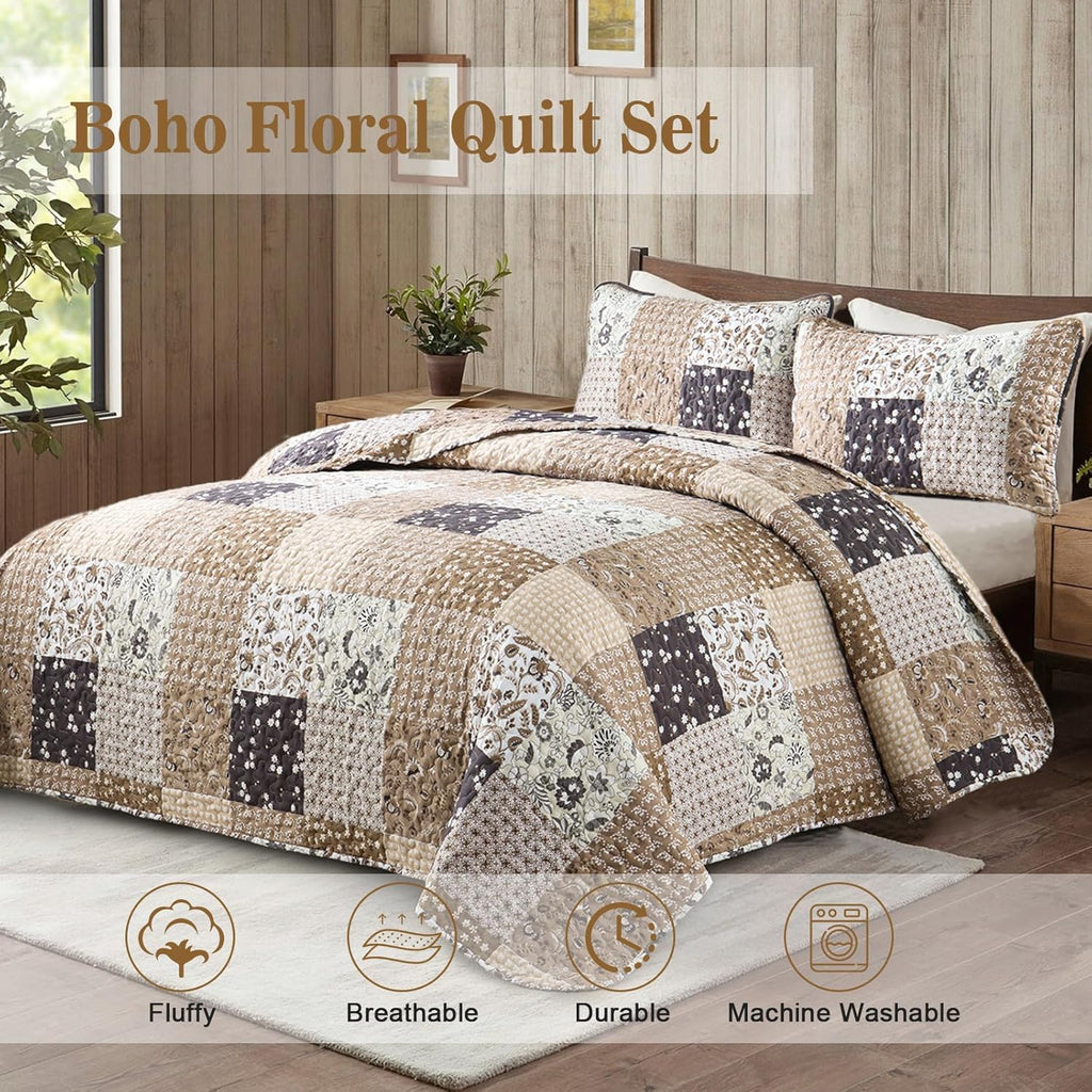 Rustic Countryside Daisy Quilted 3 Pc Bedspread & Pillow Cover Set