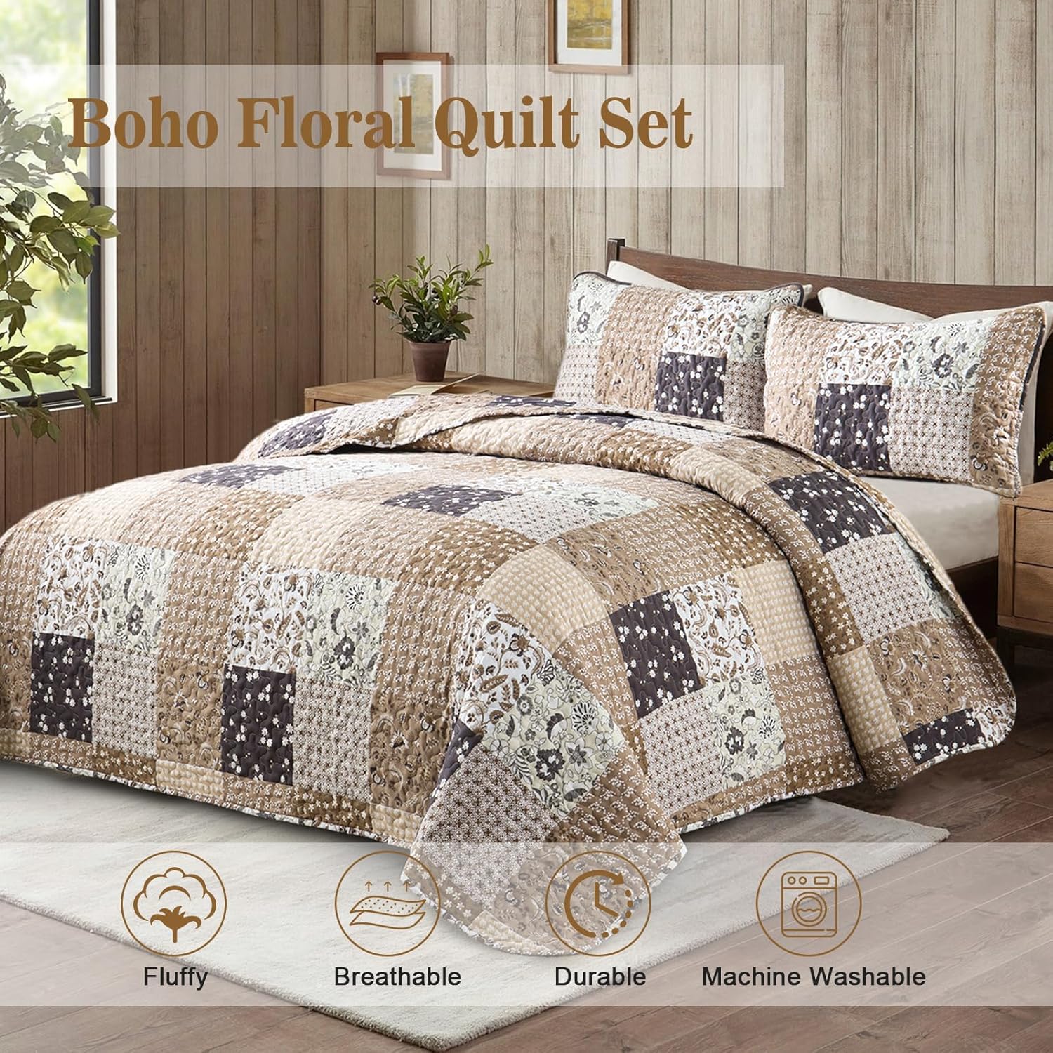 Rustic Countryside Daisy Quilted 3 Pc Bedspread & Pillow Cover Set