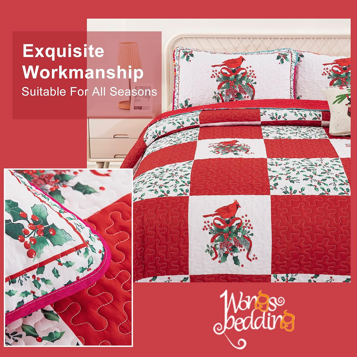 Elegant Red, greem & White Christmas Bedspread Set