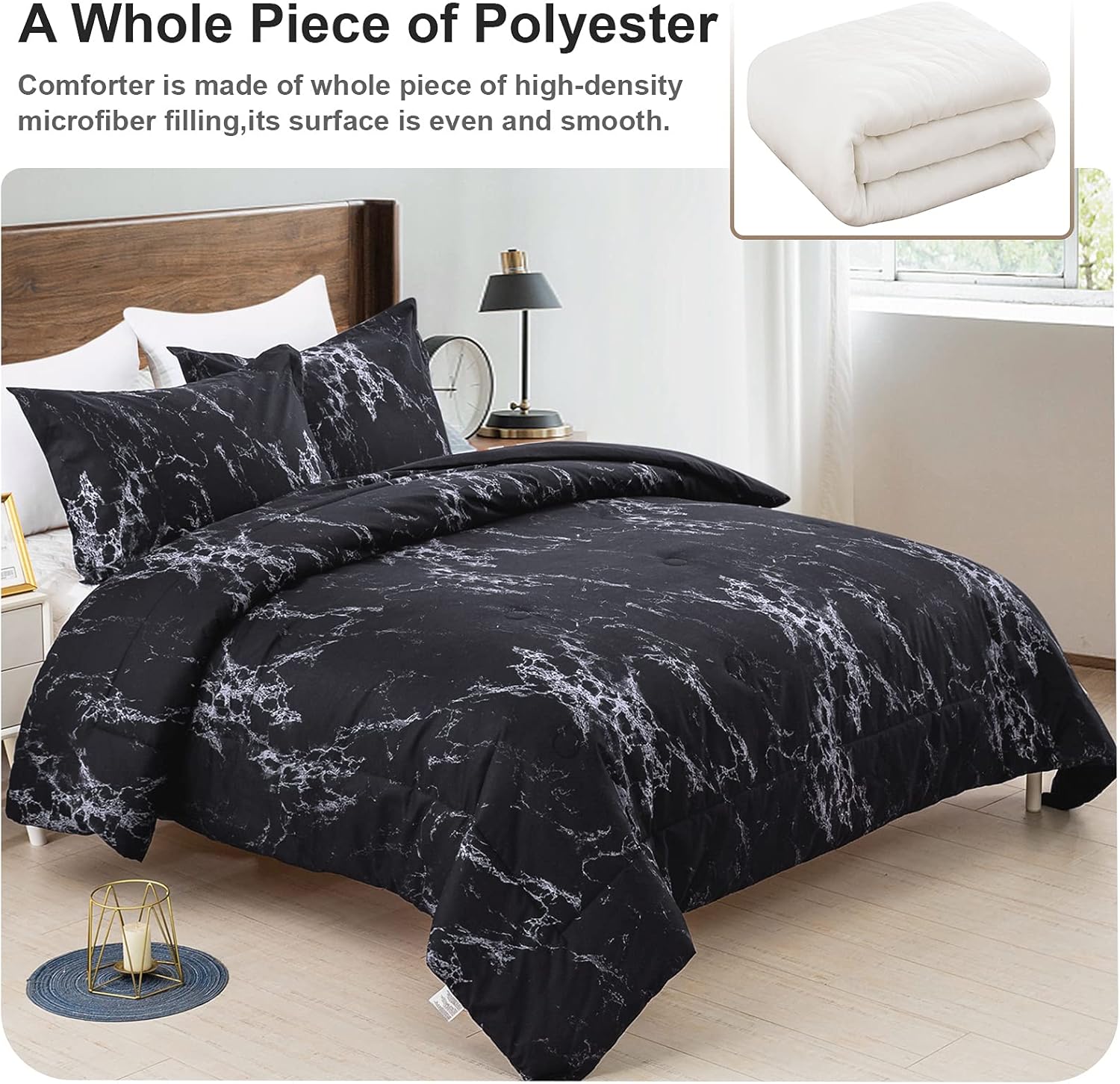 Black Marble Comforter Set, Bedding for All Seasons, 3-Piece Set
