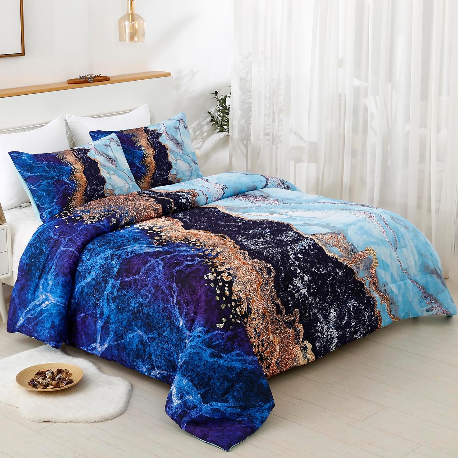 Blue Marble Comforter Set, Retro Watercolor 3-Piece Bedding Collection