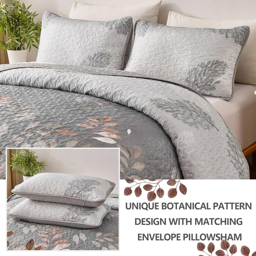Gleaming rust grey Floral 3 Pc Bedspread & Pillow Cover Set