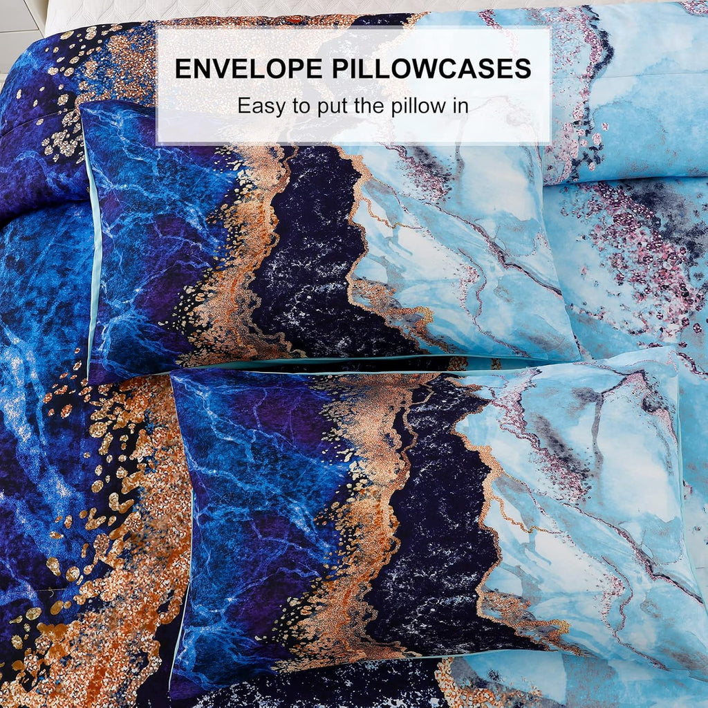 Blue Marble Comforter Set, Retro Watercolor 3-Piece Bedding Collection