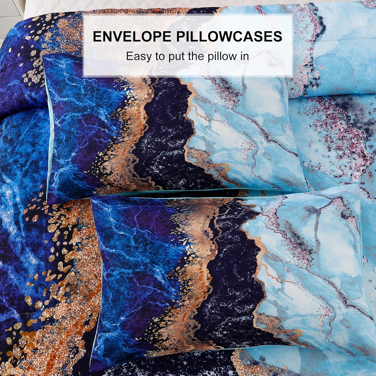 Blue Marble Comforter Set, Retro Watercolor 3-Piece Bedding Collection