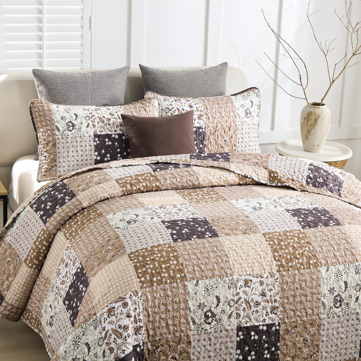 Rustic Countryside Daisy Quilted 3 Pc Bedspread & Pillow Cover Set