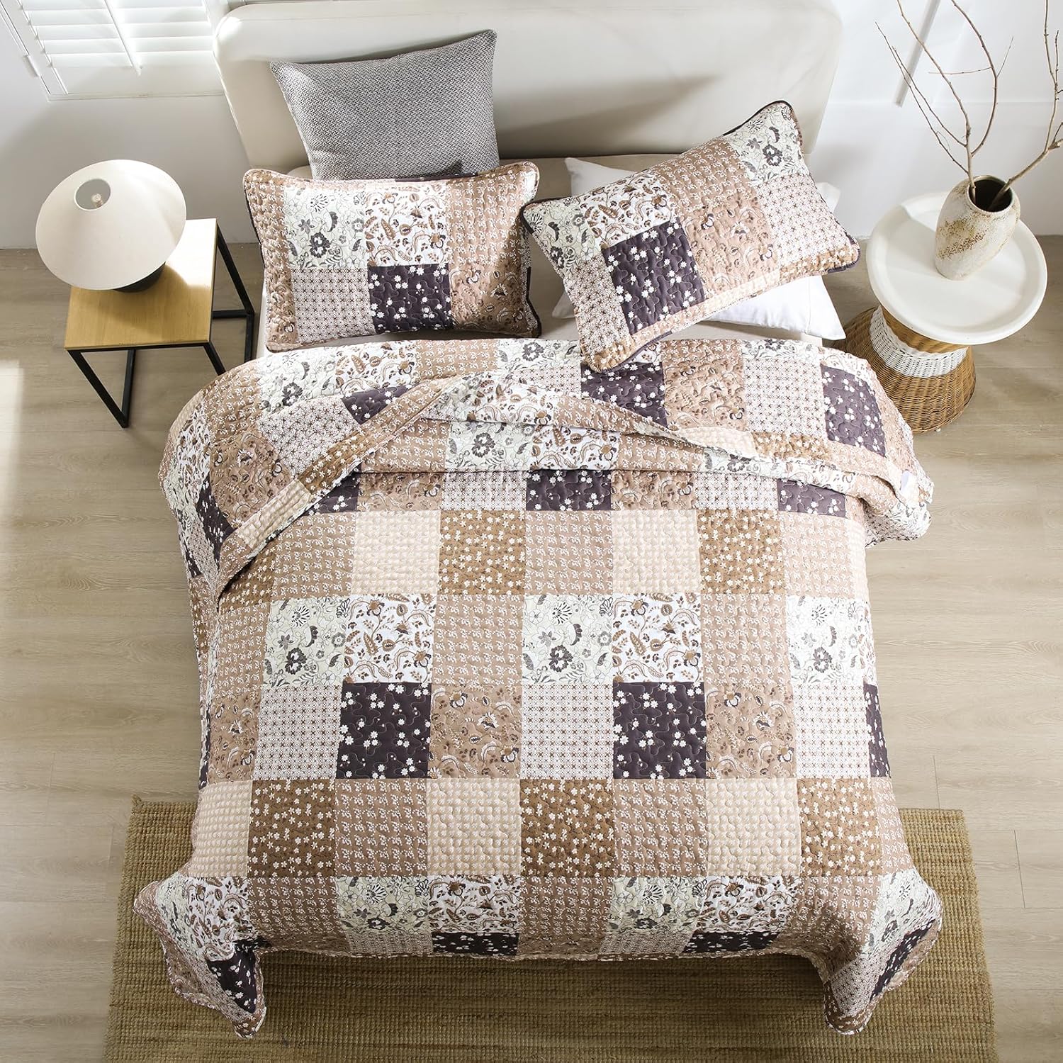 Rustic Countryside Daisy Quilted 3 Pc Bedspread & Pillow Cover Set