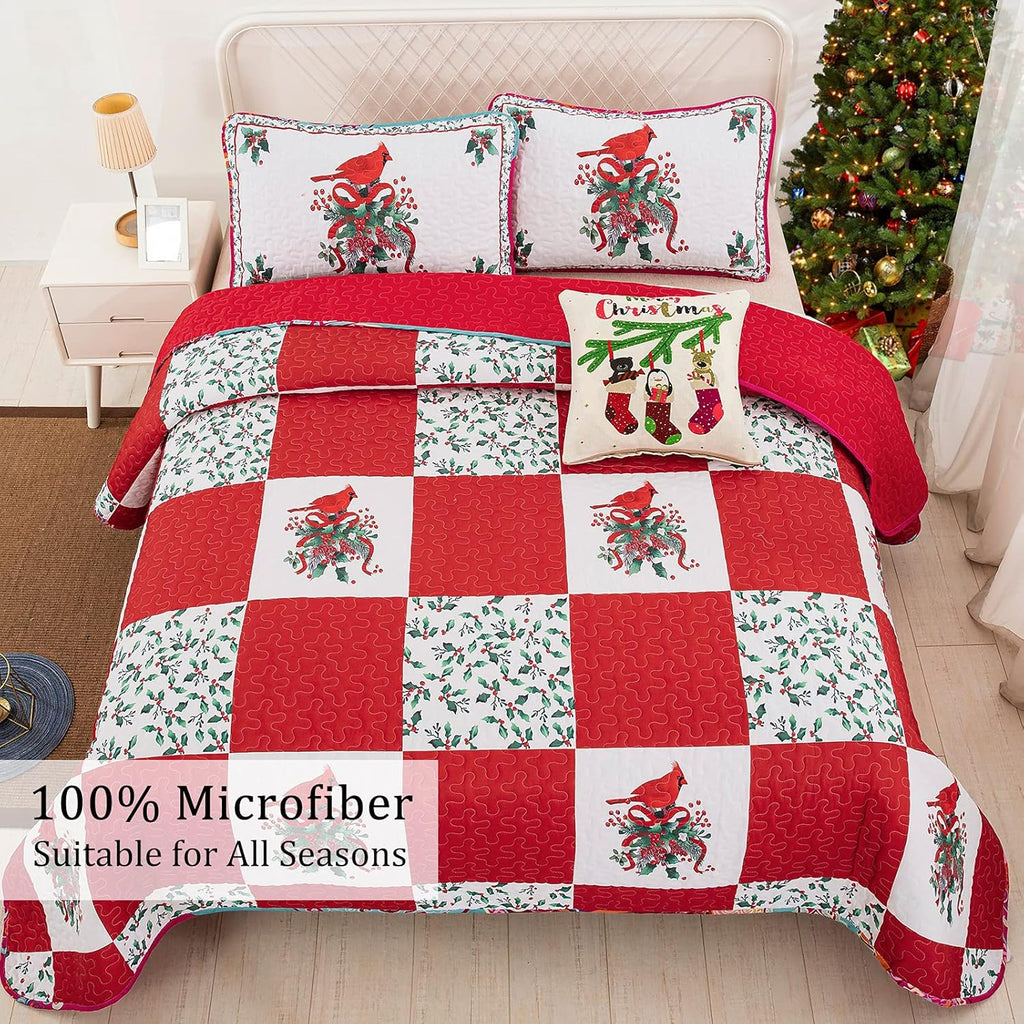 Elegant Red, greem & White Christmas Bedspread Set