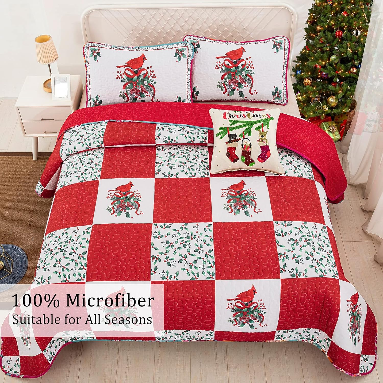 Elegant Red, greem & White Christmas Bedspread Set