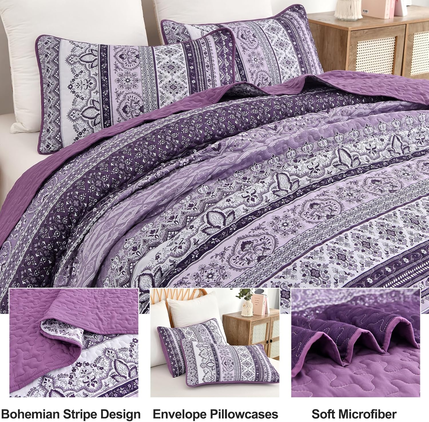 Elegant Peony purple Soft 3 Pc Bedspread & Pillow Cover Set