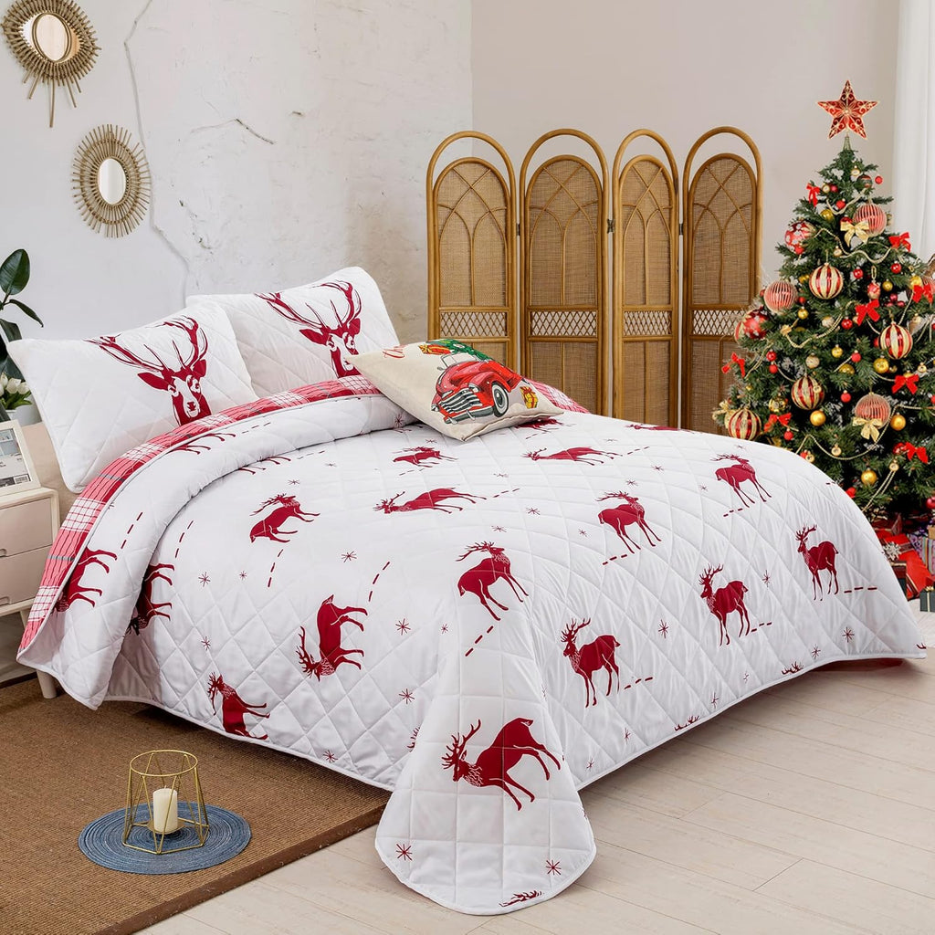 Joyful Red & white Reindeer pattern reversible Christmas Bedspread Set
