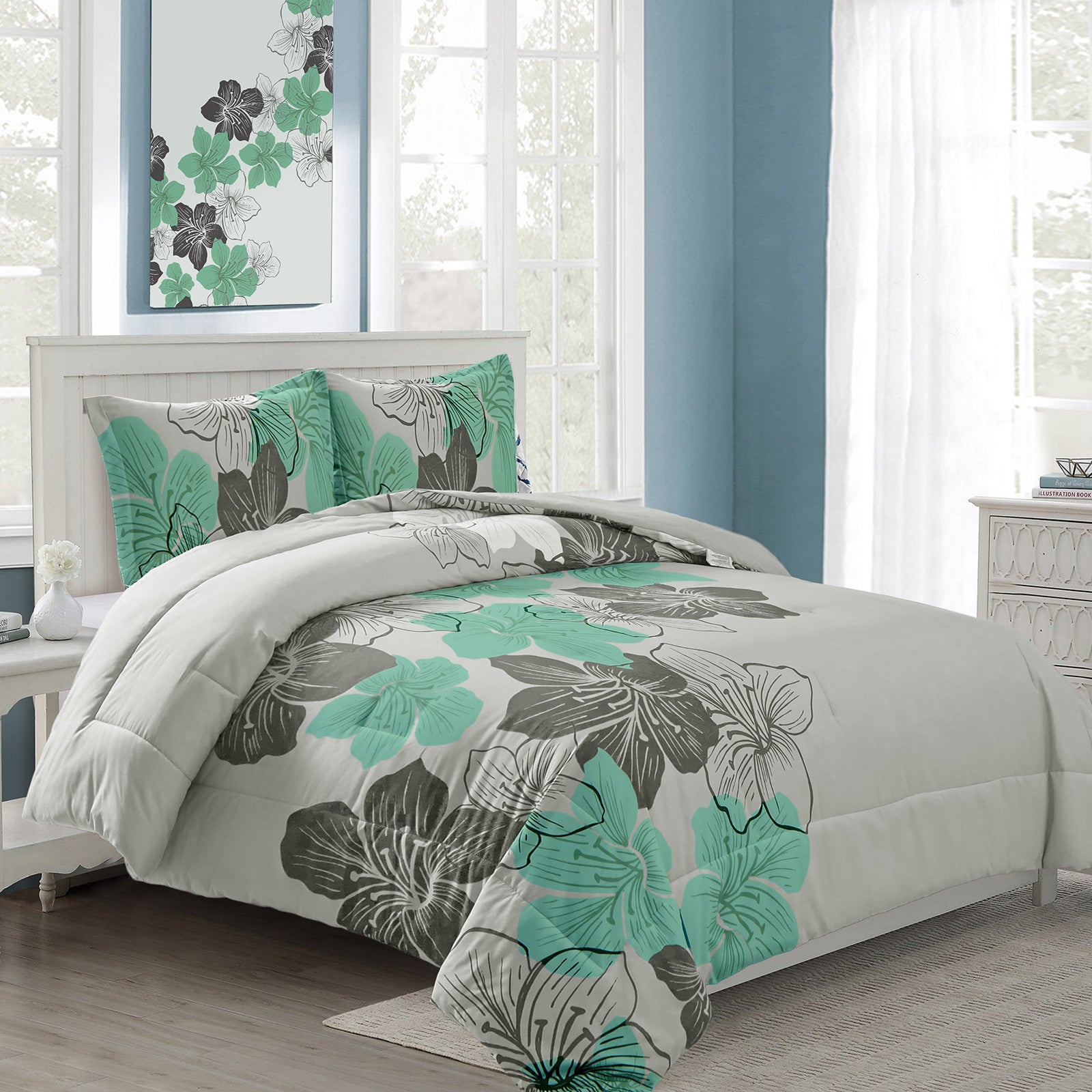Floral Comforter Set, Green Floral 3-Piece Bedding, Lightweight Microfiber