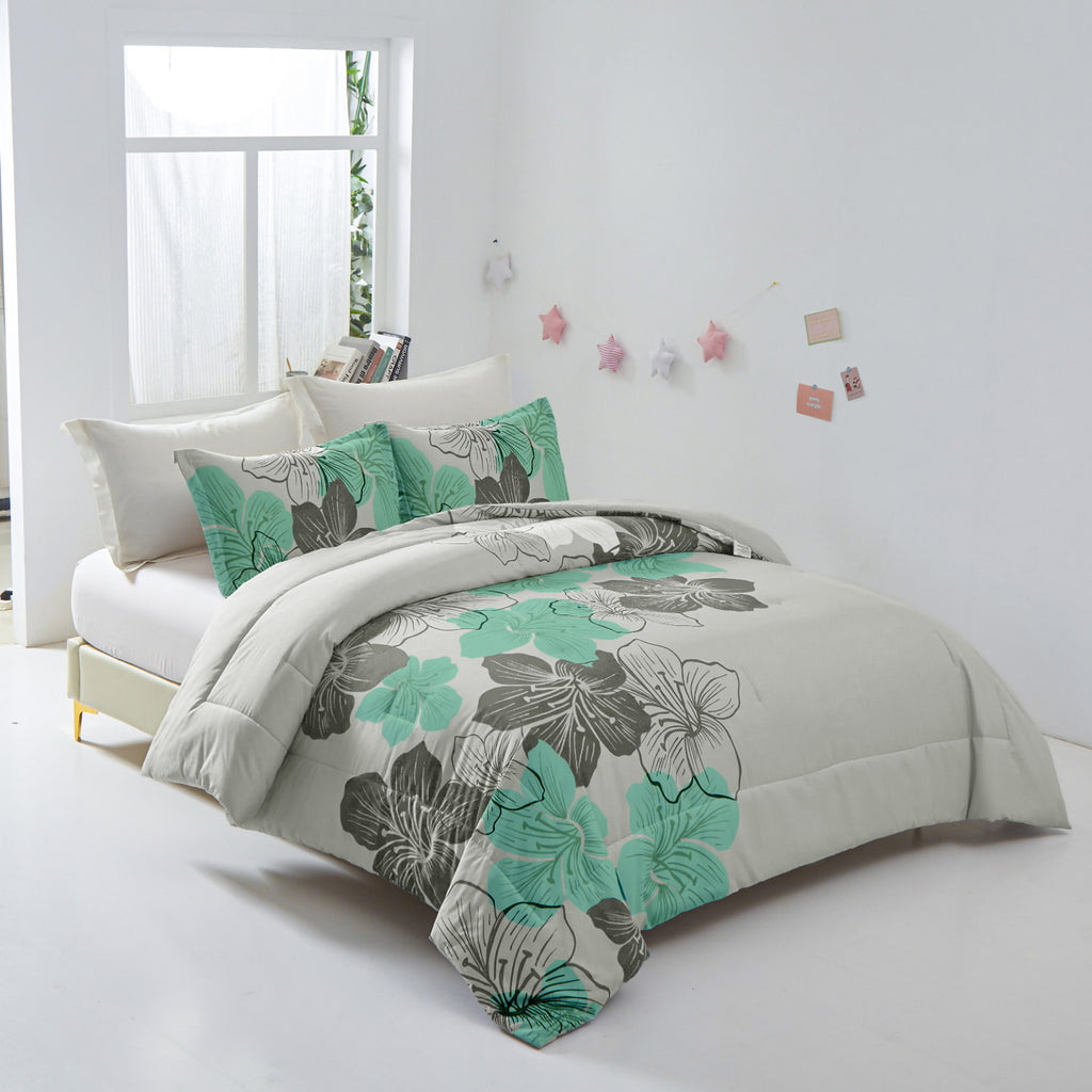 Floral Comforter Set, Green Floral 3-Piece Bedding, Lightweight Microfiber