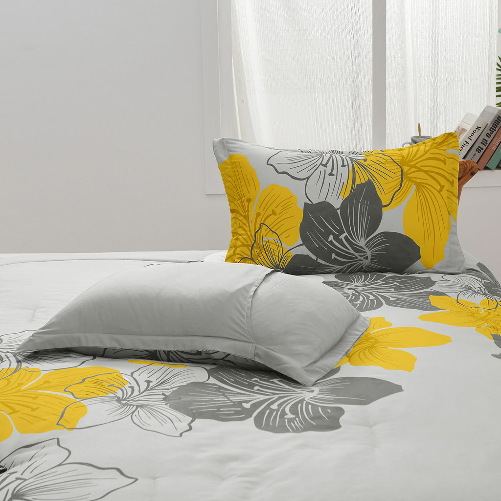 Floral Comforter Set, Yellow Floral 3-Piece Bedding, Lightweight Microfiber
