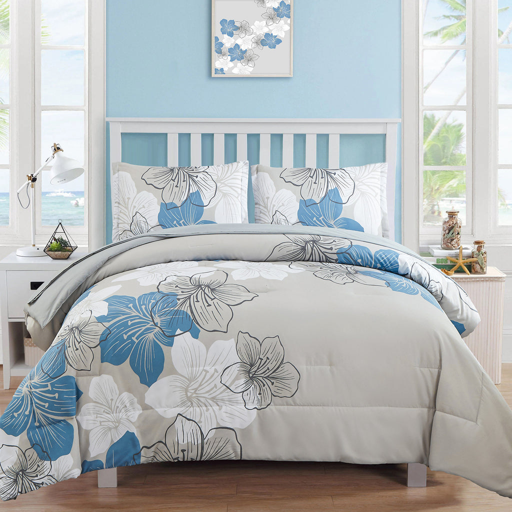 Floral Comforter Set, Blue Floral 3-Piece Bedding, Soft Microfiber for All Seasons