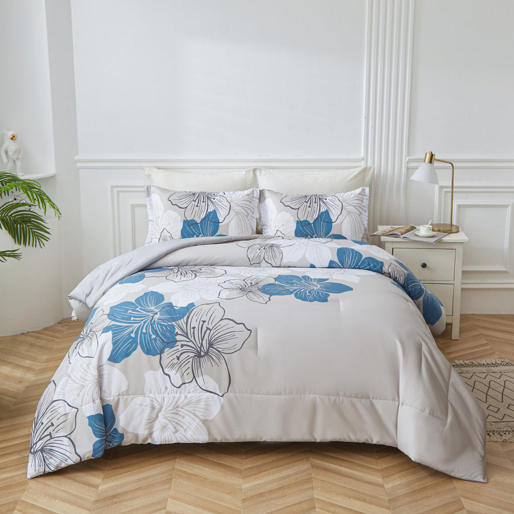 Floral Comforter Set, Blue Floral 3-Piece Bedding, Soft Microfiber for All Seasons