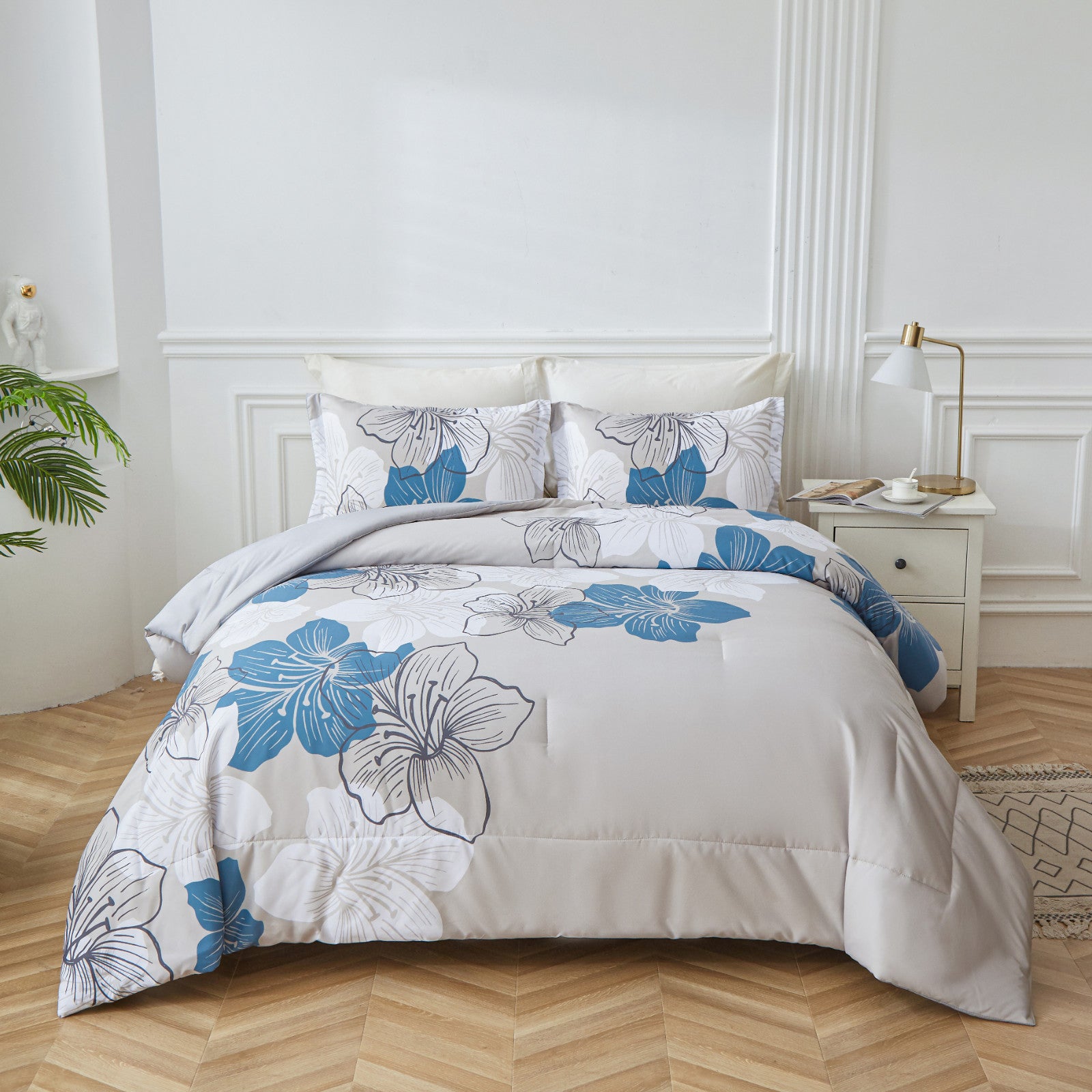 Floral Comforter Set, Blue Floral 3-Piece Bedding, Soft Microfiber for All Seasons