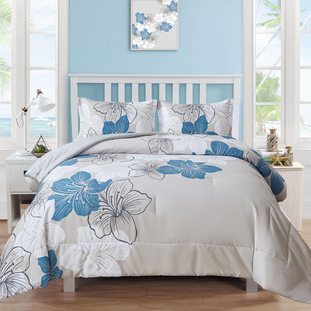 Floral Comforter Set, Blue Floral 3-Piece Bedding, Soft Microfiber for All Seasons