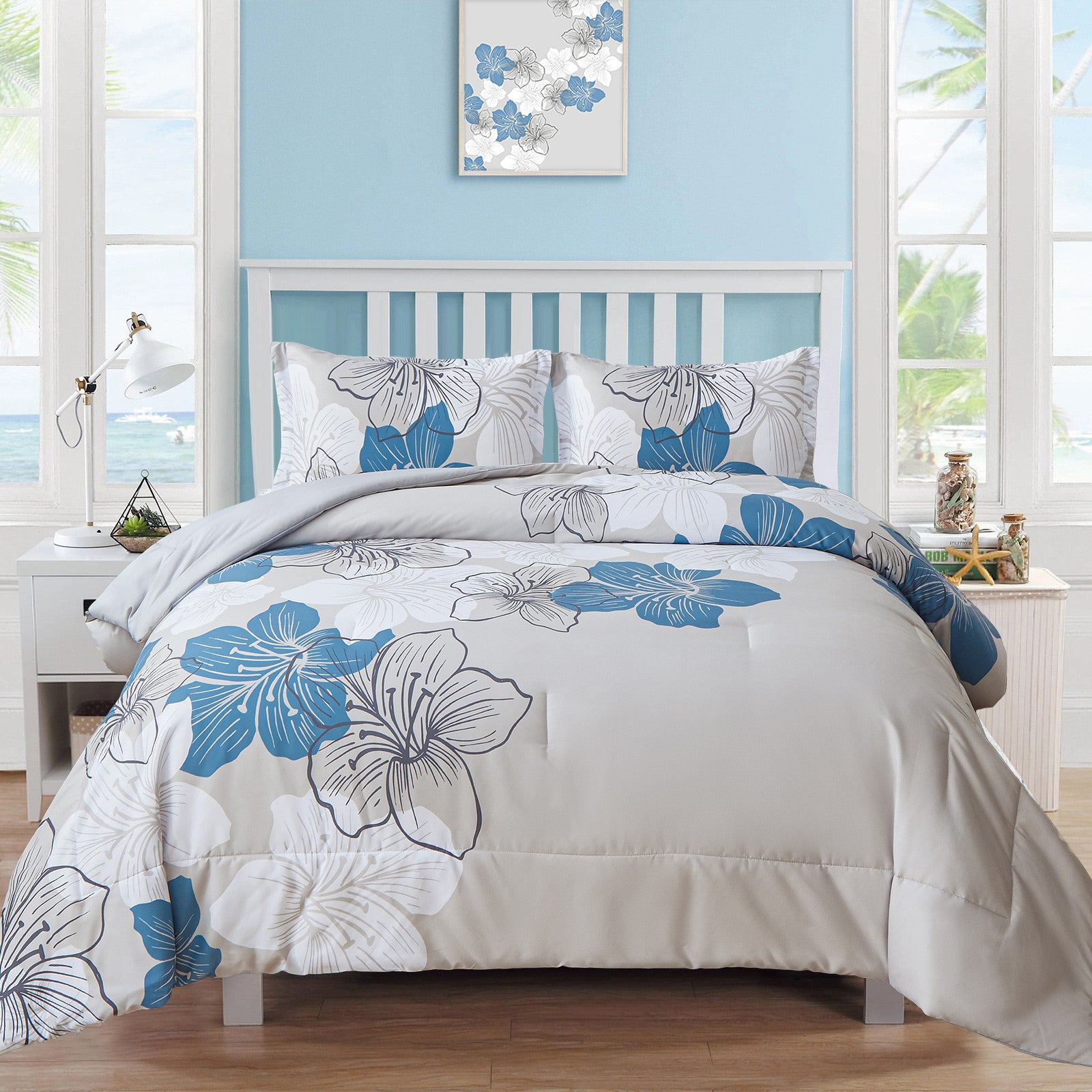 Floral Comforter Set, Blue Floral 3-Piece Bedding, Soft Microfiber for All Seasons