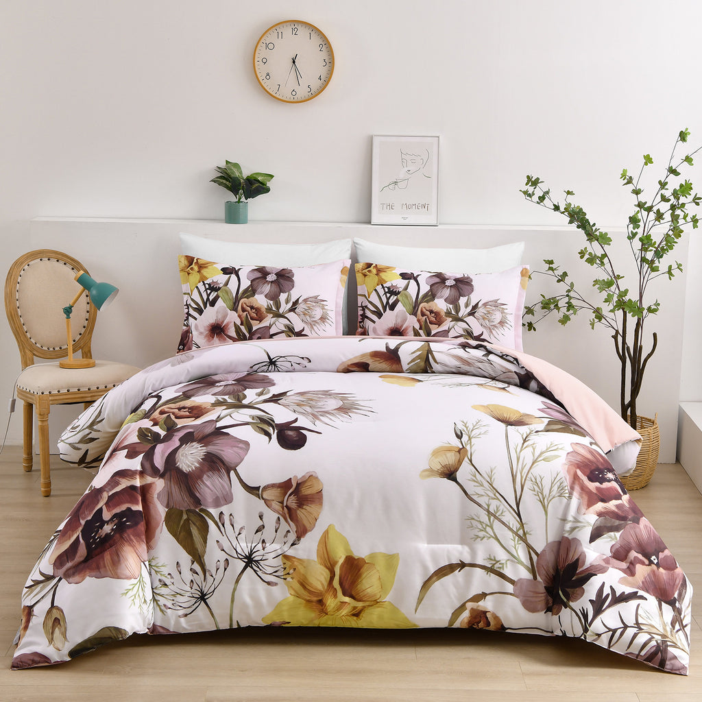 Floral Comforter Set, Blush Floral 3-Piece Bedding, Soft Microfiber for All Seasons