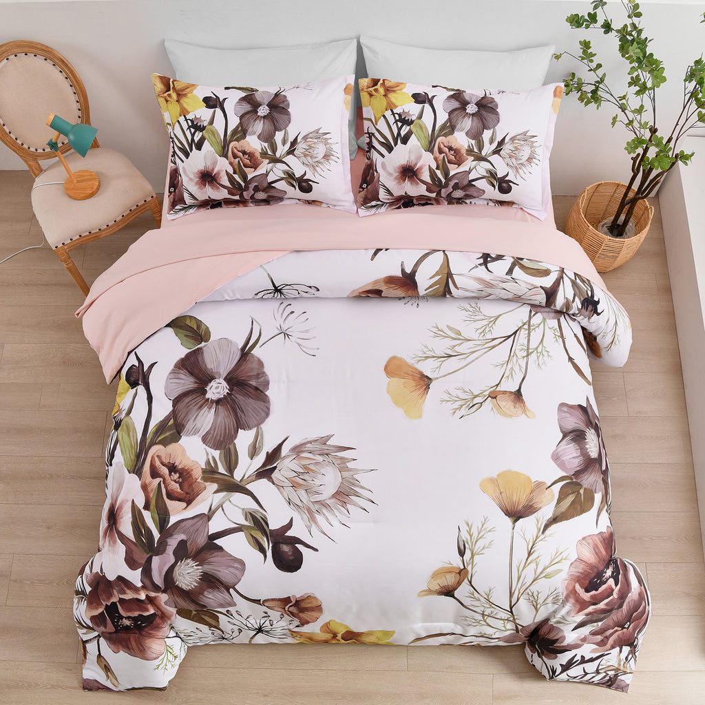 Floral Comforter Set, Blush Floral 3-Piece Bedding, Soft Microfiber for All Seasons