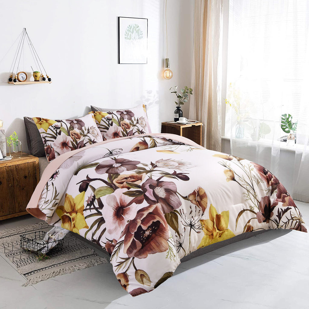 Floral Comforter Set, Blush Floral 3-Piece Bedding, Soft Microfiber for All Seasons