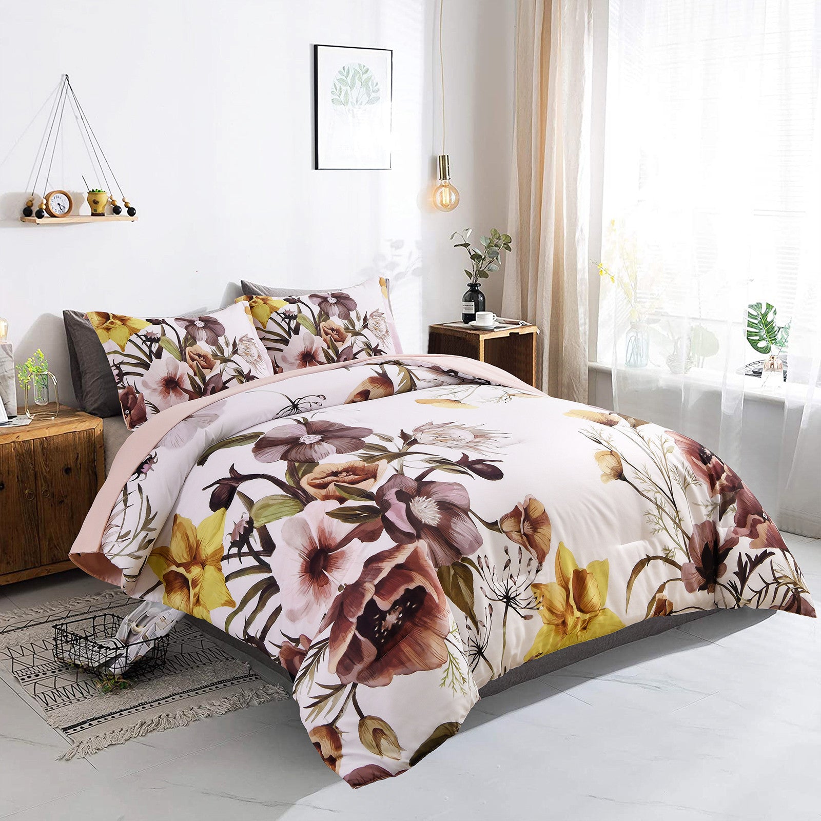 Floral Comforter Set, Blush Floral 3-Piece Bedding, Soft Microfiber for All Seasons