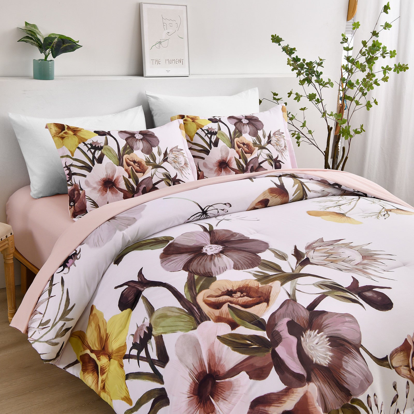 Floral Comforter Set, Blush Floral 3-Piece Bedding, Soft Microfiber for All Seasons
