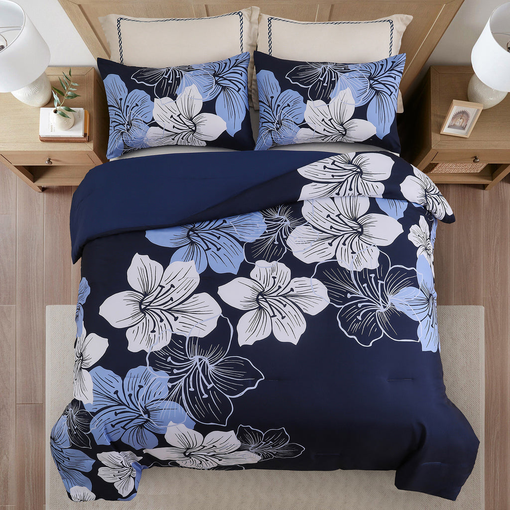 Comforter Set, Navy Blue Floral 3-Piece Bedding, Soft Microfiber for All Seasons