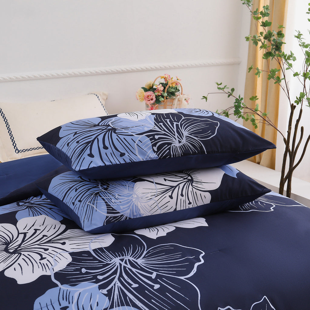 Comforter Set, Navy Blue Floral 3-Piece Bedding, Soft Microfiber for All Seasons