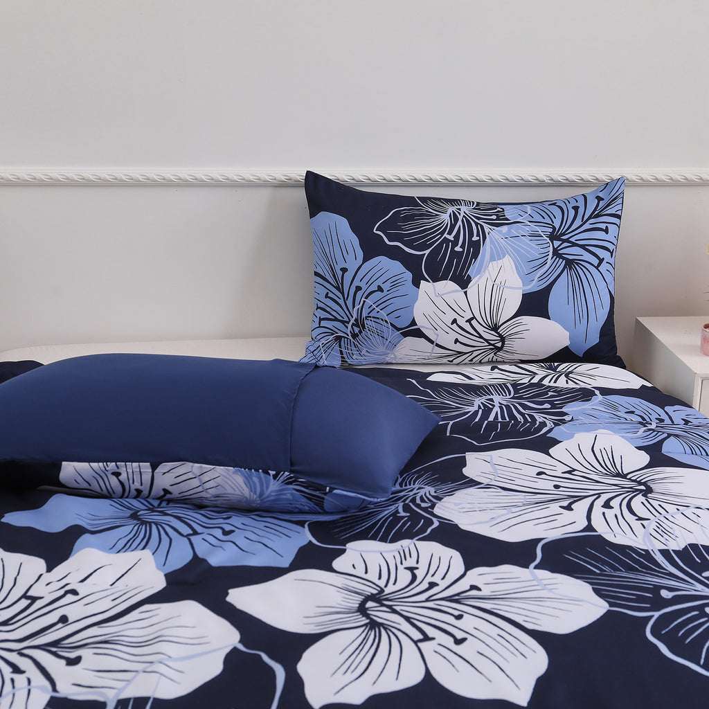 Comforter Set, Navy Blue Floral 3-Piece Bedding, Soft Microfiber for All Seasons