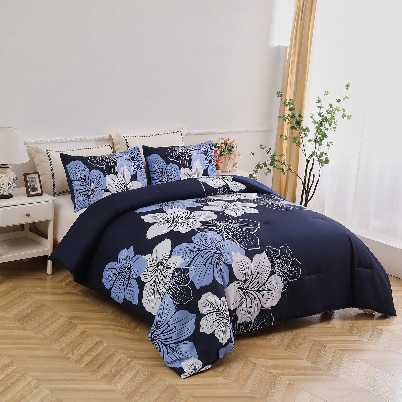 Comforter Set, Navy Blue Floral 3-Piece Bedding, Soft Microfiber for All Seasons