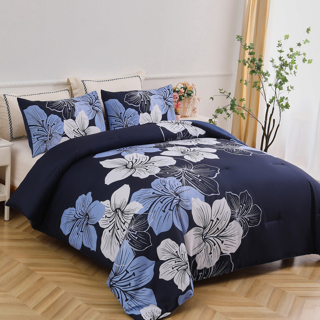 Comforter Set, Navy Blue Floral 3-Piece Bedding, Soft Microfiber for All Seasons