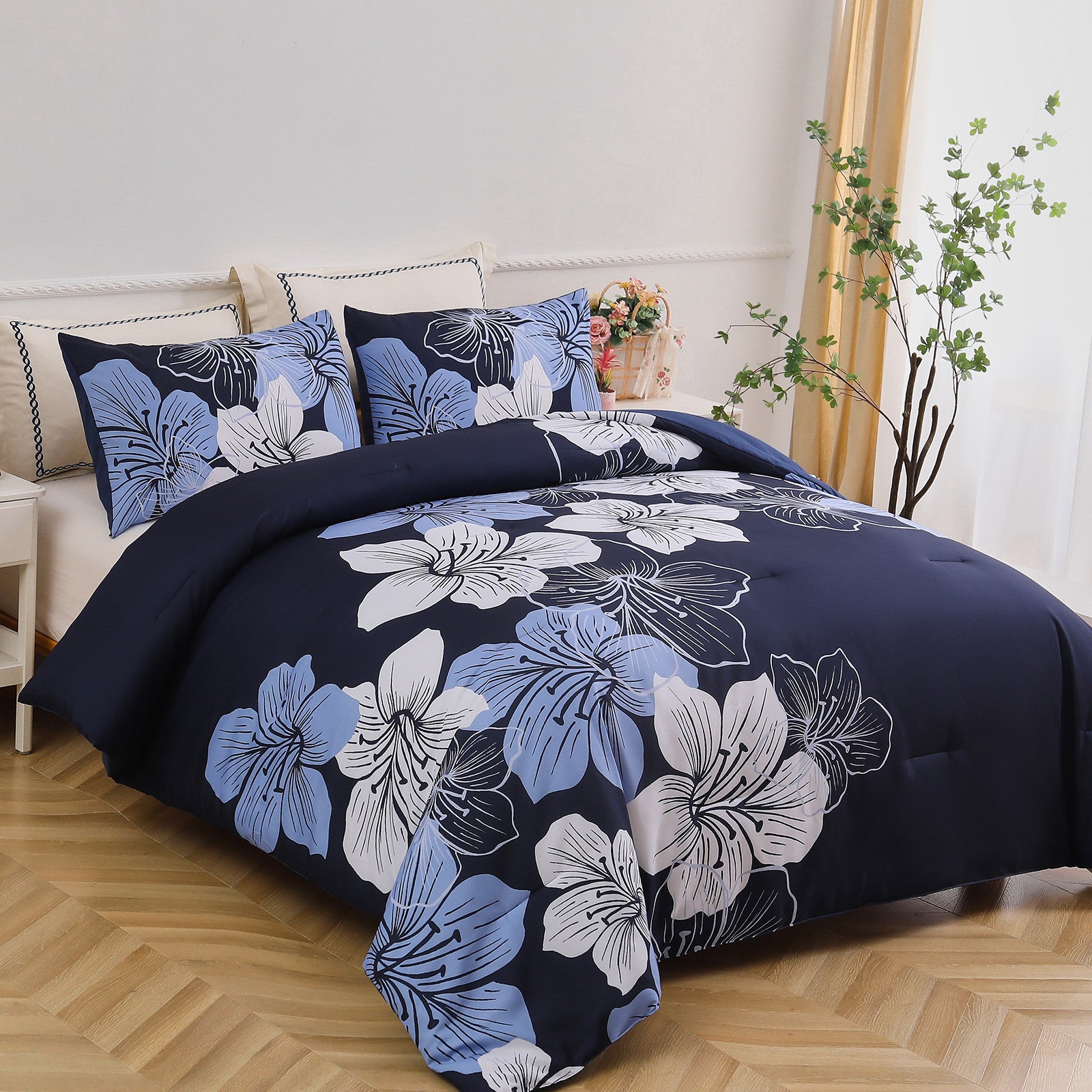 Comforter Set, Navy Blue Floral 3-Piece Bedding, Soft Microfiber for All Seasons