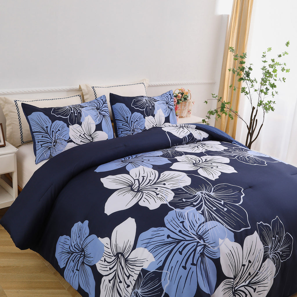 Comforter Set, Navy Blue Floral 3-Piece Bedding, Soft Microfiber for All Seasons