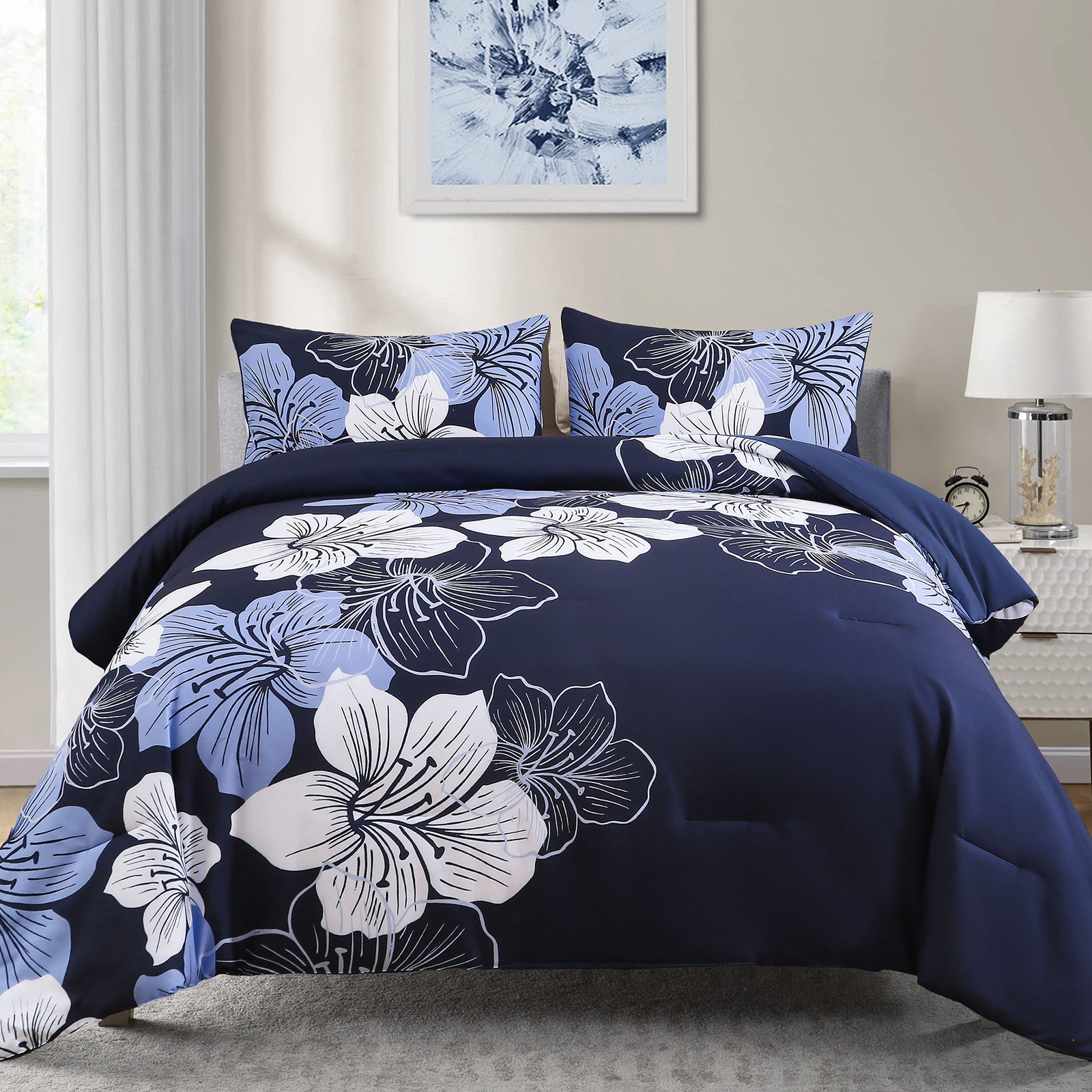 Comforter Set, Navy Blue Floral 3-Piece Bedding, Soft Microfiber for All Seasons