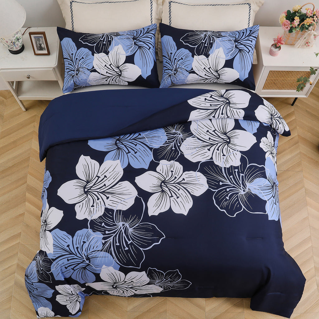 Comforter Set, Navy Blue Floral 3-Piece Bedding, Soft Microfiber for All Seasons