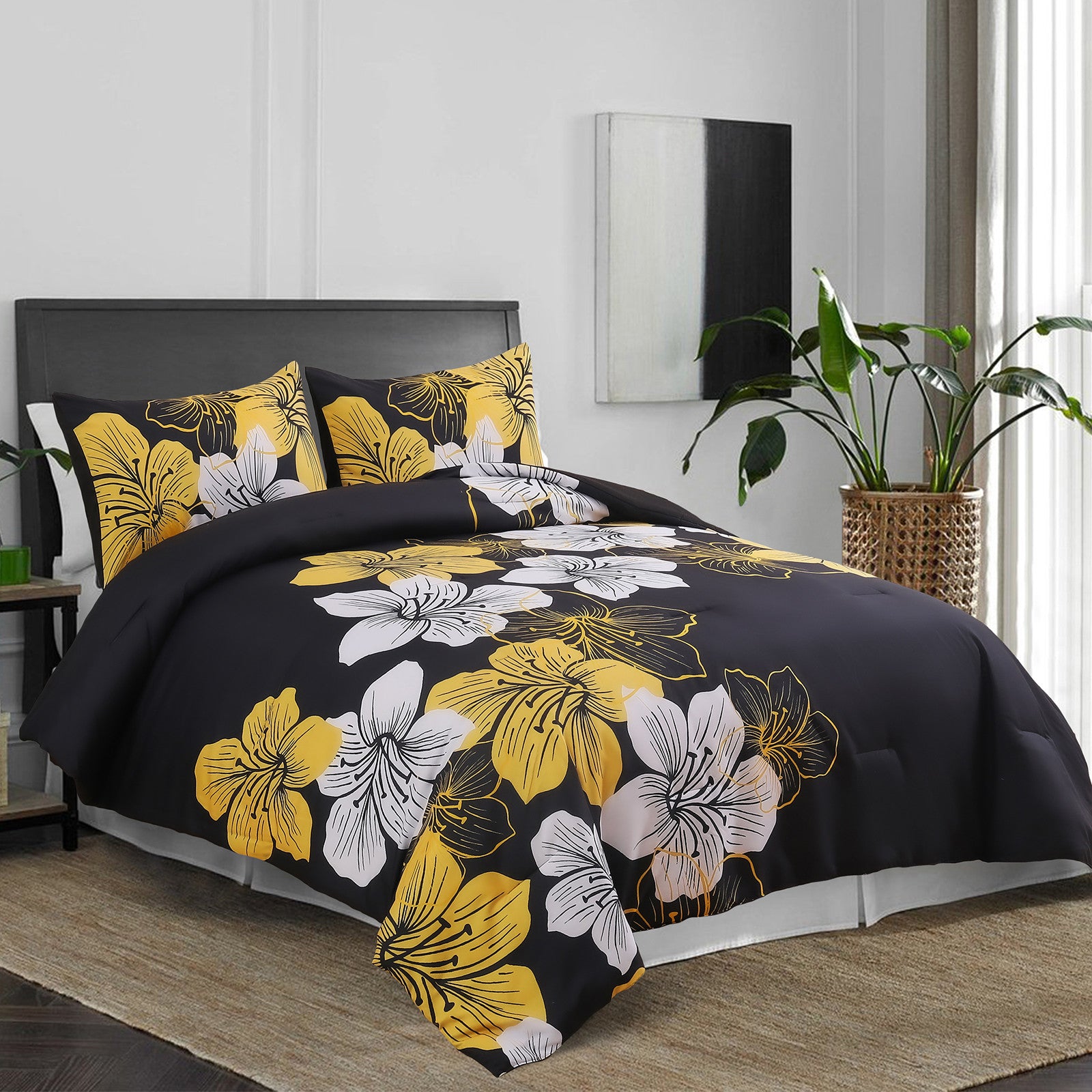 Comforter Set, Black/Gold Floral 3-Piece Bedding, Soft Microfiber for All Seasons