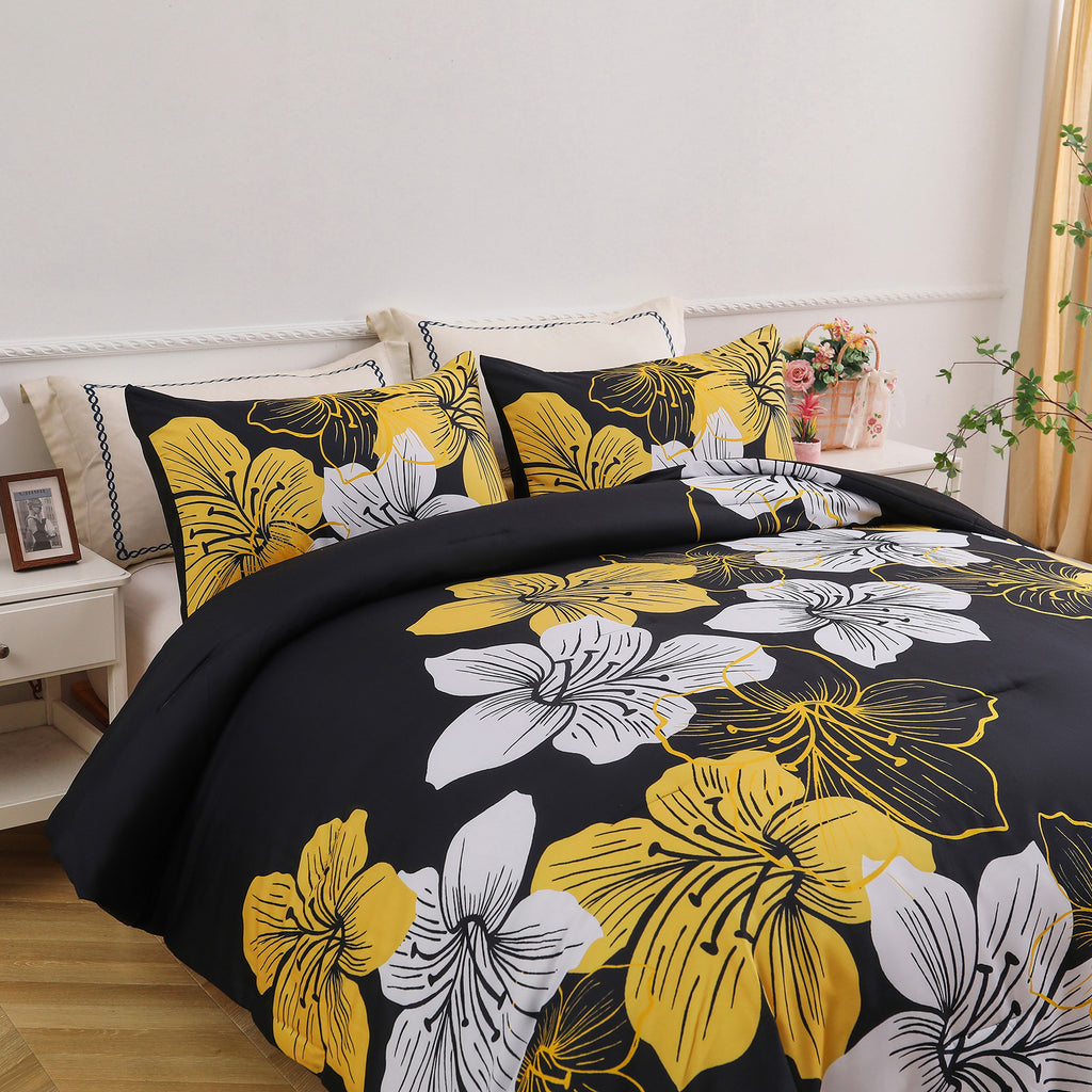 Comforter Set, Black/Gold Floral 3-Piece Bedding, Soft Microfiber for All Seasons